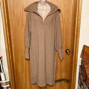Elegant Tan Zip-Up Sweater Dress
